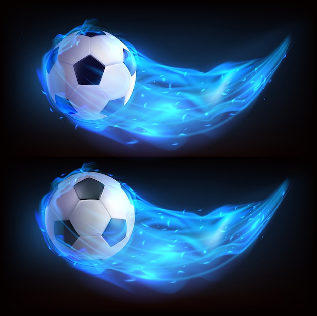 Flying soccer ball in blue fire