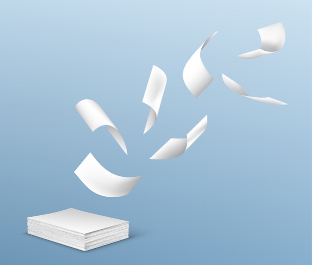 Летающие листы белой бумаги из стопки документов