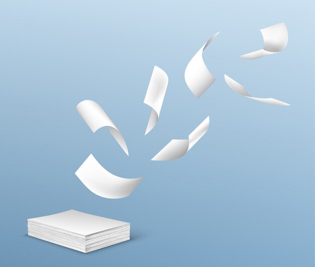 Flying white paper sheets from stack of documents