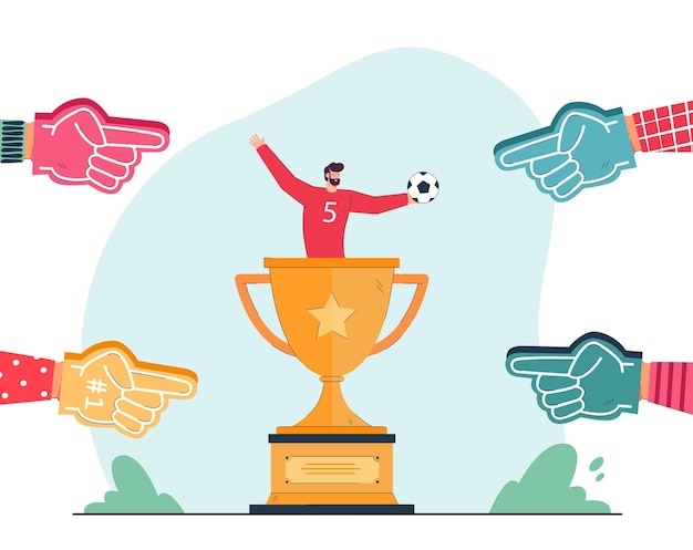 Mani di schiuma che puntano al giocatore di calcio in un'enorme coppa d'oro. felice sportivo che tiene palla piatta illustrazione vettoriale. successo, competizione, supporto, concetto sportivo per banner, progettazione di siti web o landing page