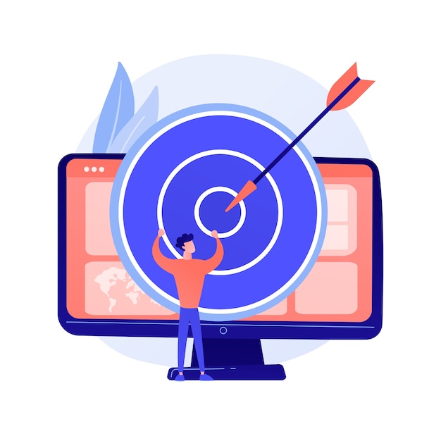 Free vector focus group business research. data analytics company profitable strategy planning. dartboard on computer monitor. corporate goals and achievements concept illustration