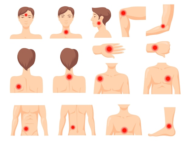 Бесплатное векторное изображение Фокус боли установлен. части человеческого тела с красным пятном, болью в мышцах или суставах