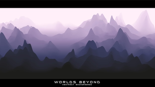 山の上の霧。風景のパノラマ。抽象的な紫のグラデーションが地形を侵食しました。