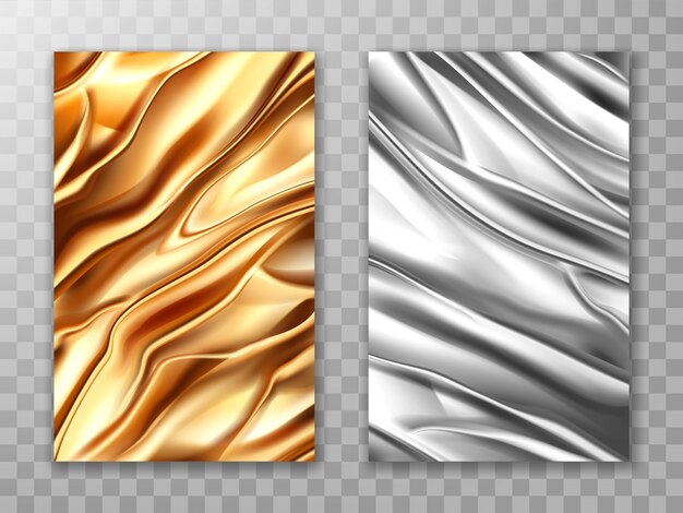 Foil golden and silver, crumpled metal texture set