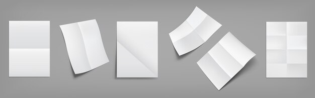 Folded blank, white paper sheets with crossing creases top and perspective view. Vector realistic  of empty wrinkled leaflet, flyer, document pages with folds isolated