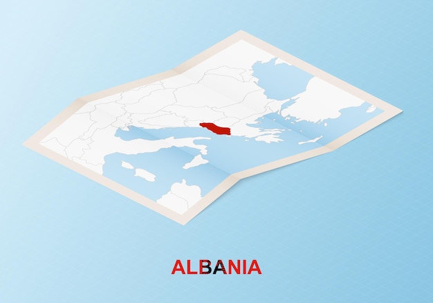 아이소메트릭 스타일의 이웃 국가와 알바니아의 접힌 종이 지도. 프리미엄 벡터