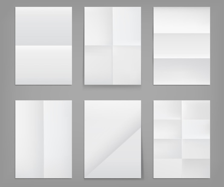 Free Vector folded posters, white paper blank sheets of wrinkled texture