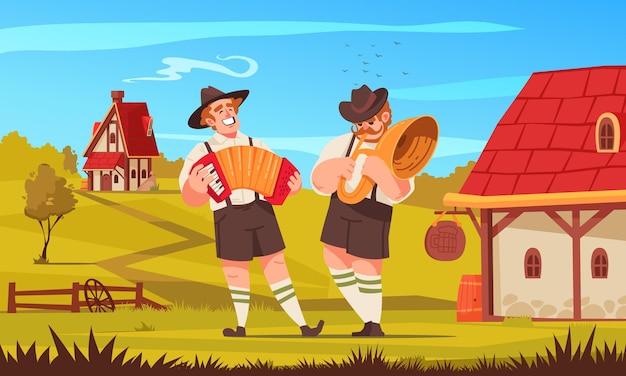 Фольклорная музыка окрашена концепцией двух норвежских мужчин, играющих музыку в своих национальных костюмах, векторная иллюстрация
