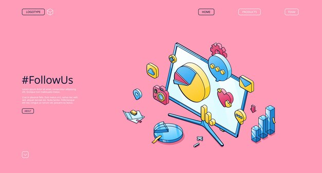 Follow us isometric landing page, social media marketing smm strategy campaign, icons of charts, graphs, mail envelope, camera on computer desktop screen. influencer viral content 3d vector web banner Free Vector
