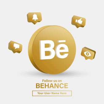 소셜 미디어 아이콘 로고를 위한 현대적인 골든 프레임의 behance 3d 로고를 팔로우하거나 배너에 가입하세요.
