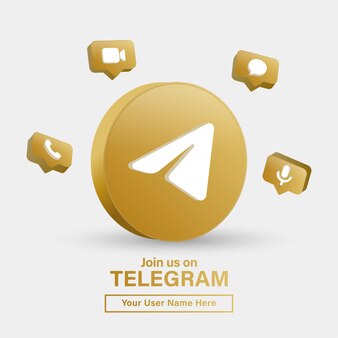 Follow us on telegram 3d logo in modern golden frame for social media icons logos or join us banner