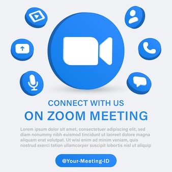 Follow us on zoom meeting social media logos in 3d circle with notification icon and join us banner