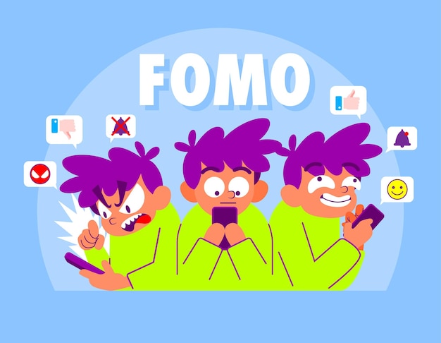 Fomo cartoon illustration, fear of missing out