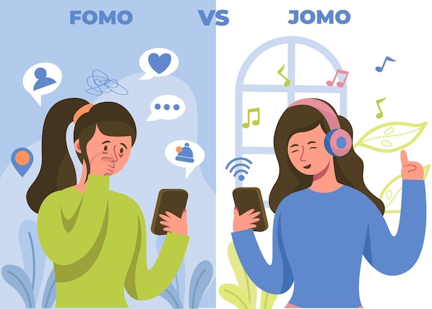 Fomo syndrome and jomo concept illustration