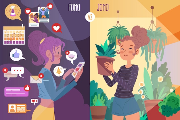 Free vector fomo vs jomo illustrated