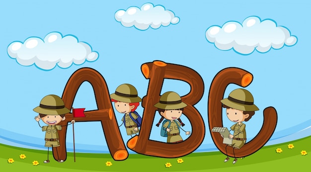 Free vector font abc with kids in boyscout uniform