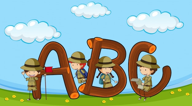 Vettore gratuito carattere abc con i bambini in uniforme da boyscout