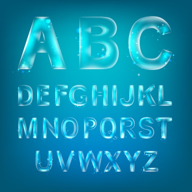 Free vector font alphabet symbols in style of transparent glass isolated over blue background. vector illustration consists layered structure and may be easy changed.