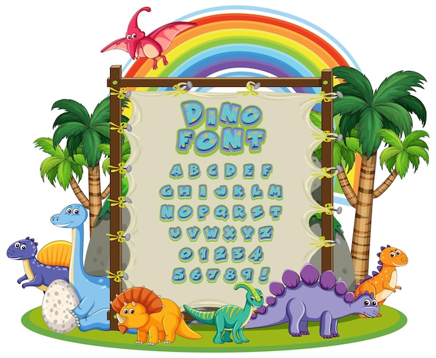 Font design for english alphabets in dinosaur character on canva