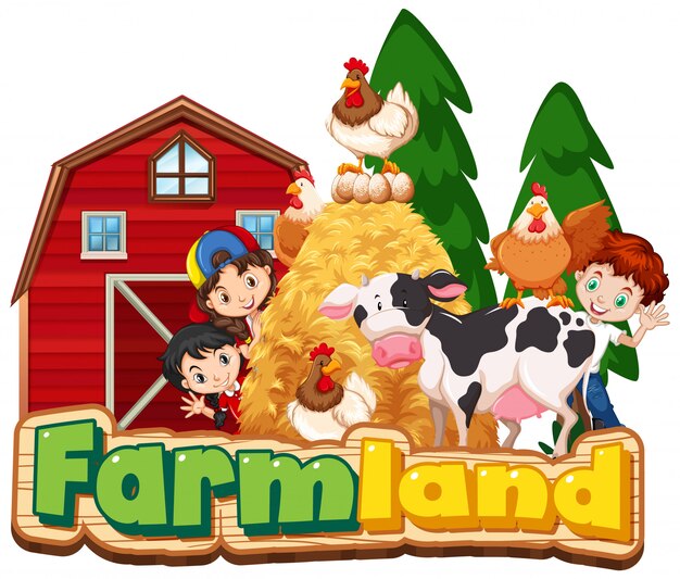 Дизайн шрифта для сельхозугодий со счастливыми детьми и животными