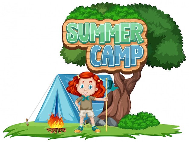 Дизайн шрифта для летнего лагеря с милым ребенком в парке