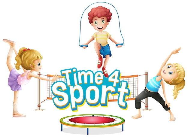 Бесплатное векторное изображение Дизайн шрифта для слова время для спорта с детьми, занимающимися разными видами спорта