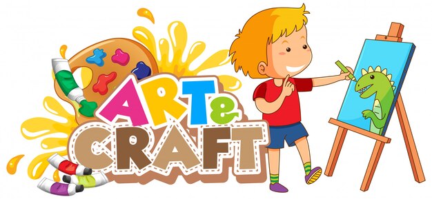 Font design for word art and craft with boy drawing on canvas