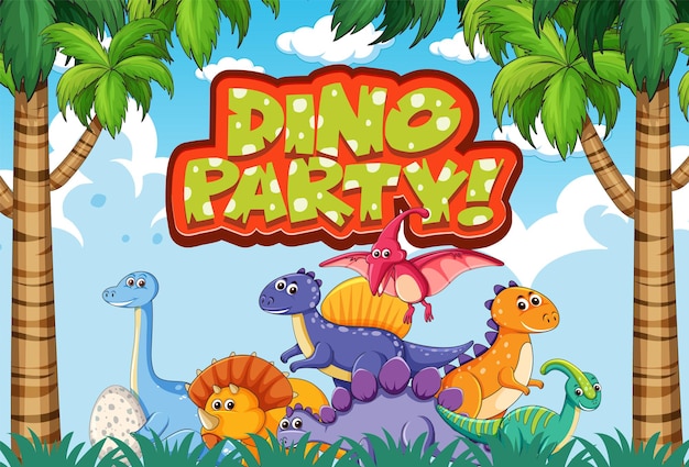 Vettore gratuito design dei caratteri per la parola dino party con i dinosauri nella giungla