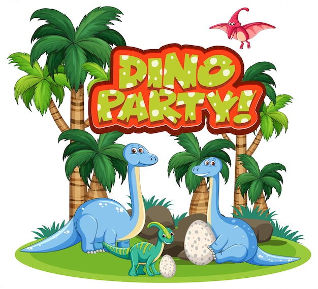 Design dei caratteri per la parola dino party con i dinosauri nella giungla