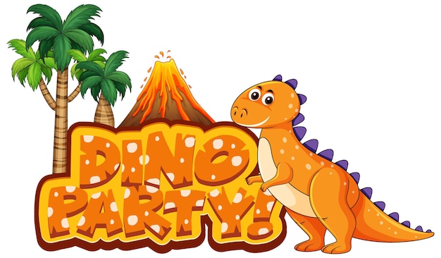 Font design for word dino party with t-rex by the volcano