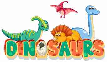 Free vector font design for word dinosaurs with many types of dinosaurs on white background