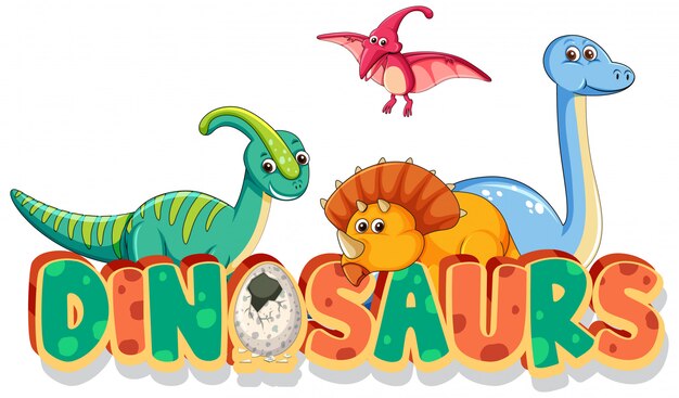 Дизайн шрифта для слова динозавров со многими типами динозавров на белом фоне