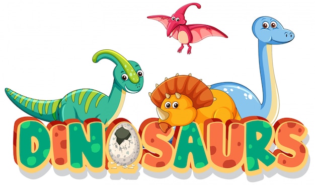 흰색 배경에 많은 종류의 공룡과 단어 공룡을위한 글꼴 디자인