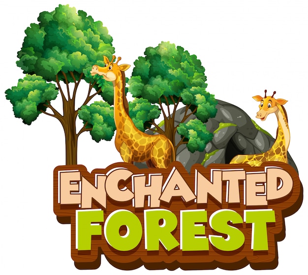 Free vector font design for word enchanted forest with giraffes in the park