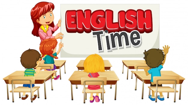 Free vector font design for word english time with teacher and students in class