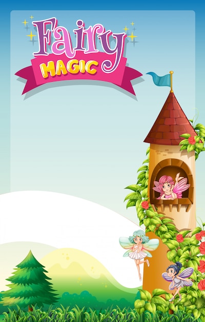 Free vector font design for word fairy magic with fairies flying in the tower