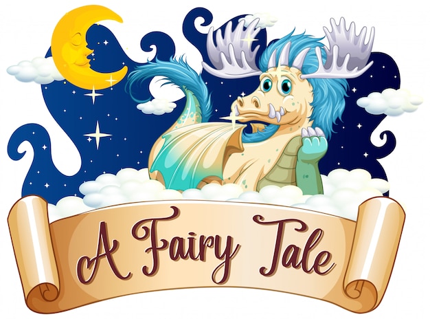 Free vector font design for word fairy tale with dragon in the sky