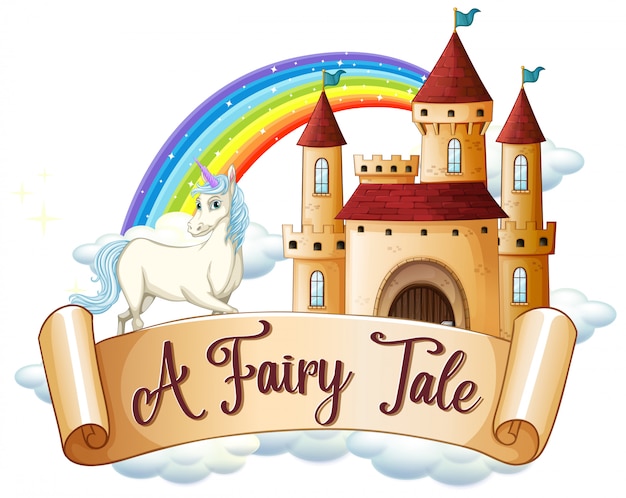 Font design for word a fairy tale with unicorn by the castle