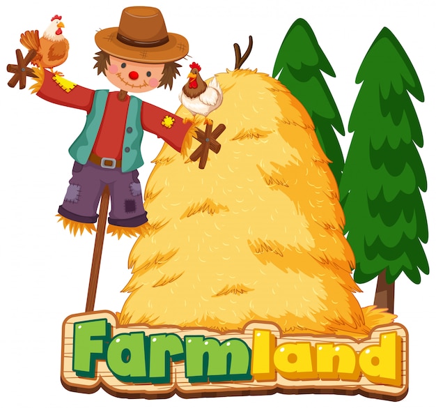 Free vector font design for word farmland with scarecrow and hay