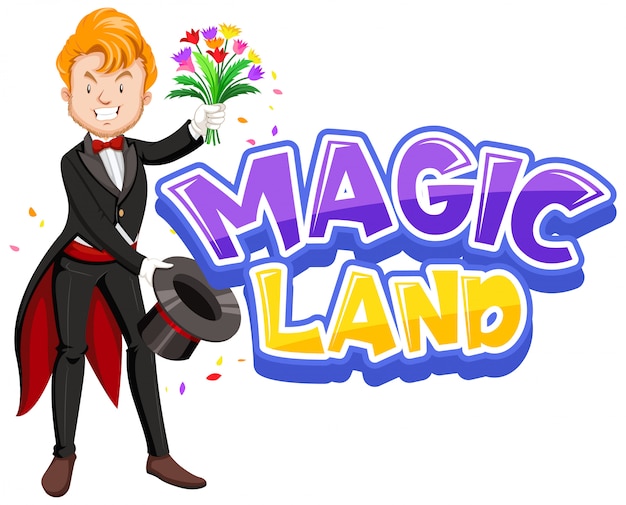 Vettore gratuito progettazione di font per terra magica di parole con mago e fiori felici