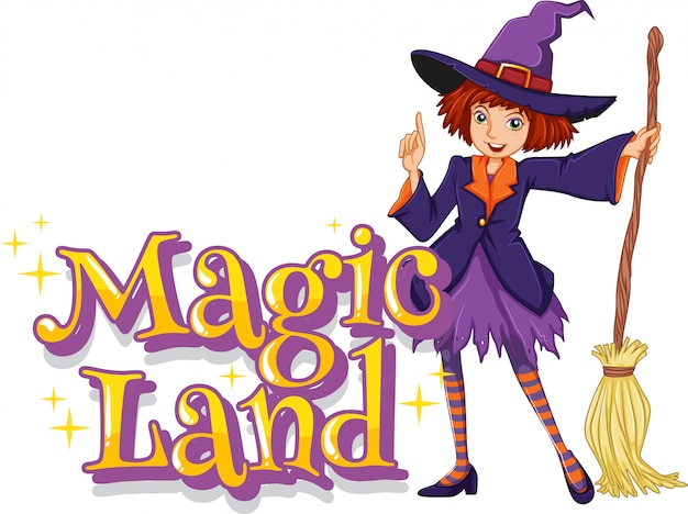 Font design for word magic land with witch holding broom