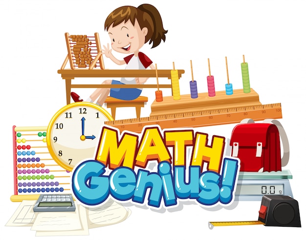 Free vector font design for word math genius with girl and school item