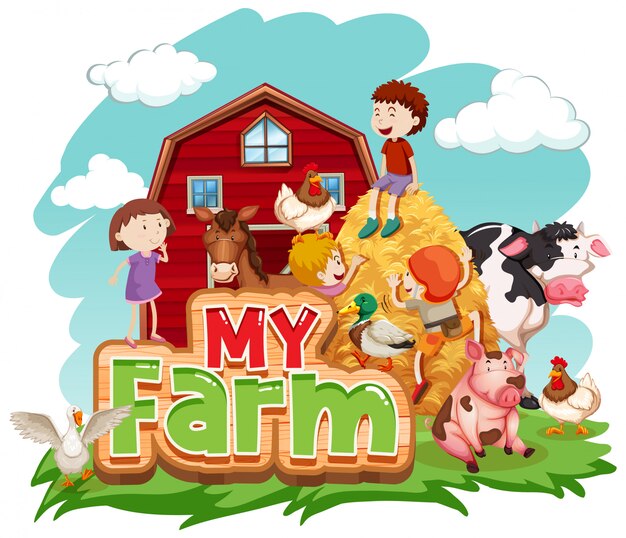 Дизайн шрифта для Word My Farm с животными и детьми