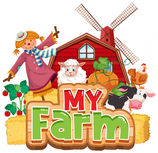 Font design for word my farm with animals and vegetables