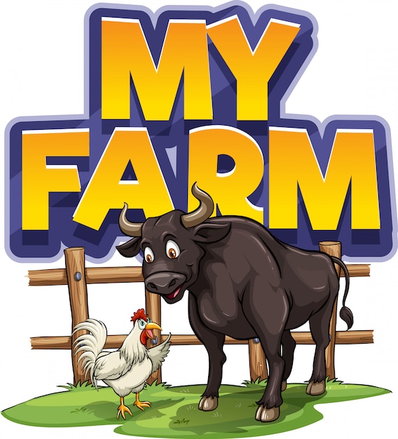 Font design for word my farm with buffalo and chicken