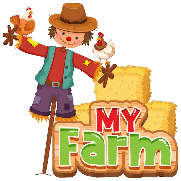 Free Vector font design for word my farm with chickens and scarecrow