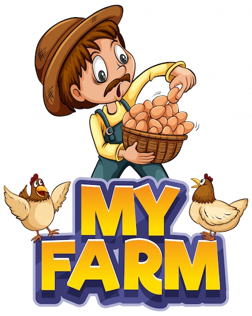 Free vector font design for word my farm with farmer and eggs