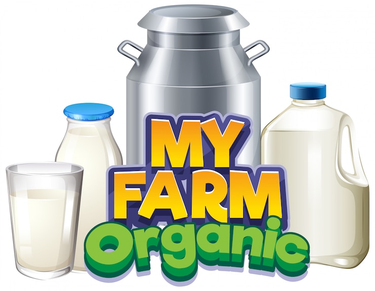 Бесплатный Вектор дизайн шрифта для word my farm со свежим молоком в разных контейнерах