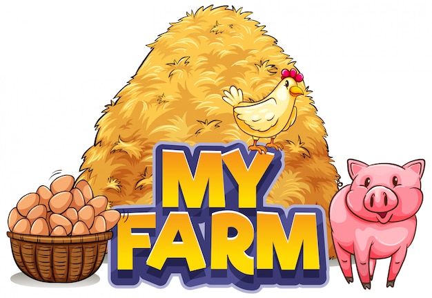 Font design for word my farm with pig and chicken