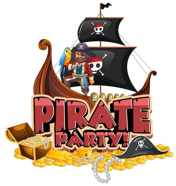 Font design for word pirate party with pirate and gold